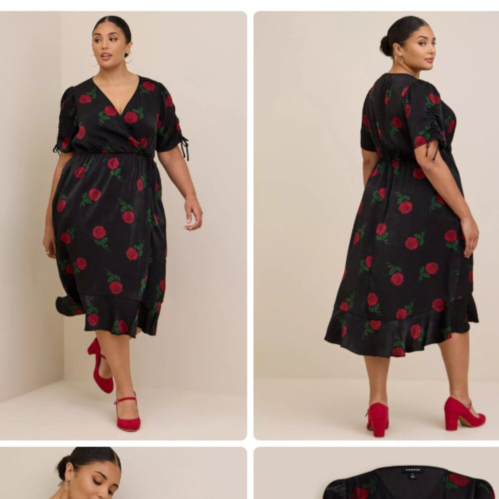 Black red roses Midi Brushed Charmeuse Wrap Dress